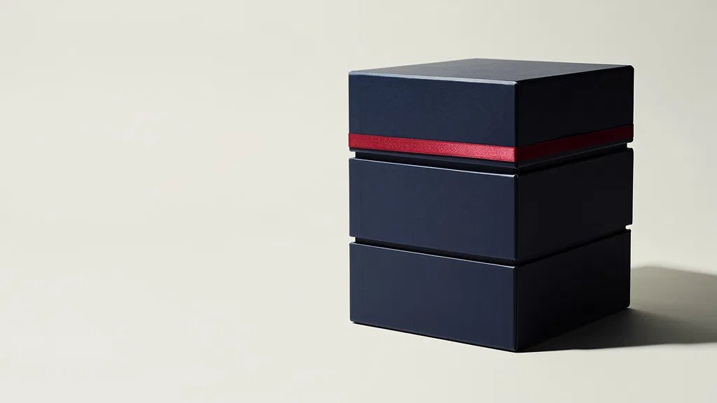 A stack of three matte navy archive boxes on a pale grey studio background, sealed with a single thin red band.